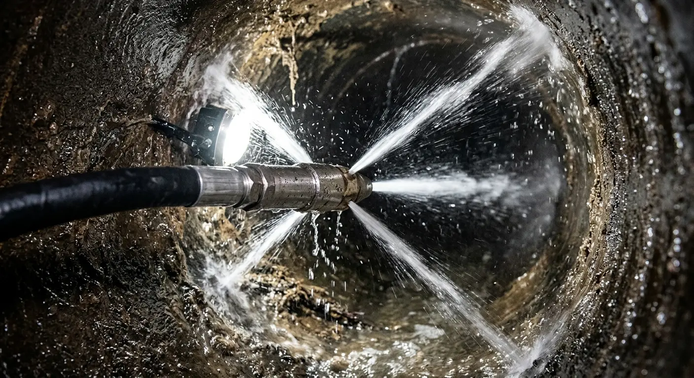 High-pressure hydro jetting nozzle cleaning sewer pipe for Emergency Drain Service in Waycross