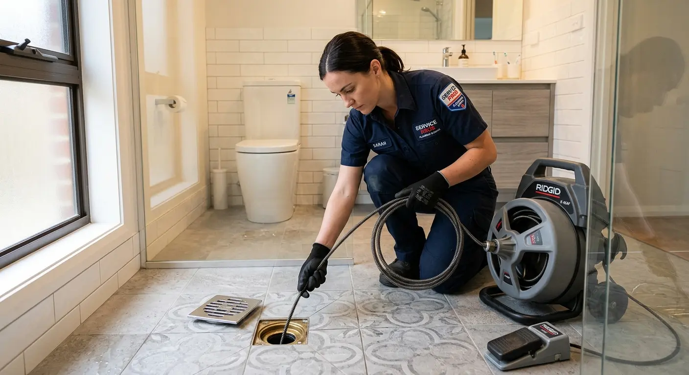 Technician clearing a bathroom floor drain for Drain Cleaning in Waycross